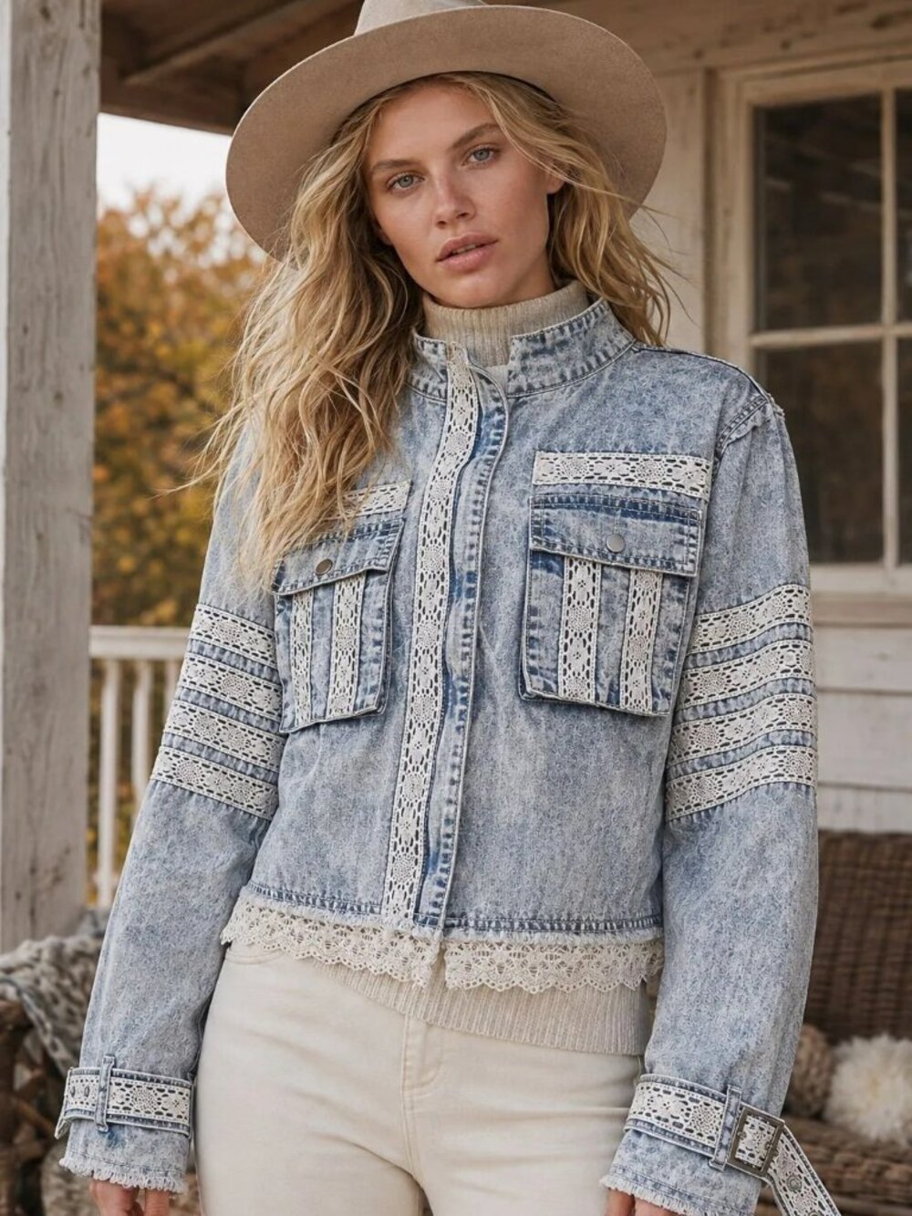POL Vintage Charm Lace Utility Jacket - Denim